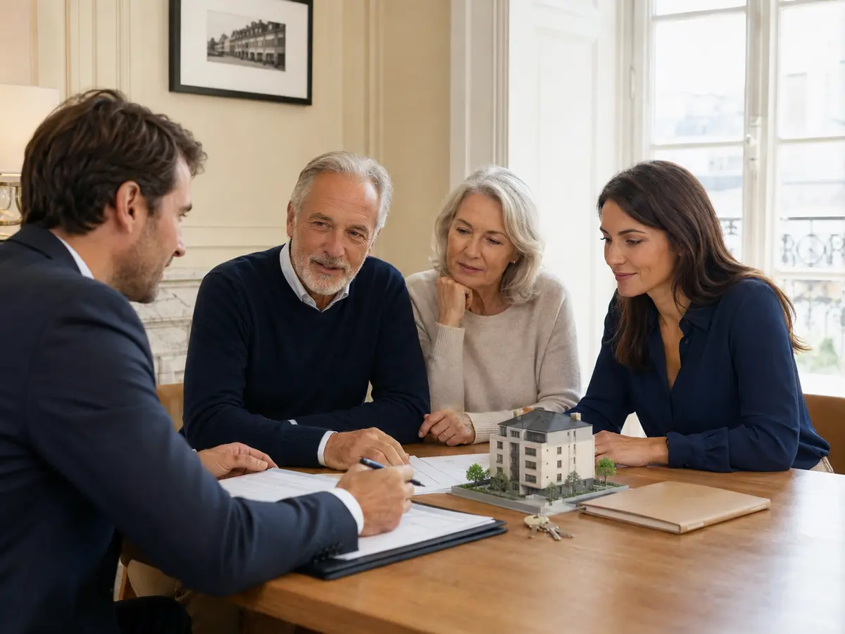 Famille préparant la transmission d'un patrimoine immobilier