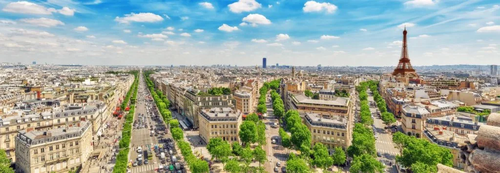 beautiful panoramic view of paris from the roof of the triumphal arch. champs elysees and the eiffel tower.